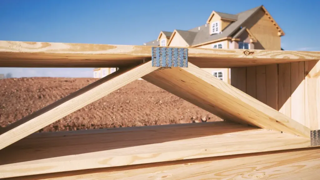 Residential construction with wood framing and roof trusses installed
